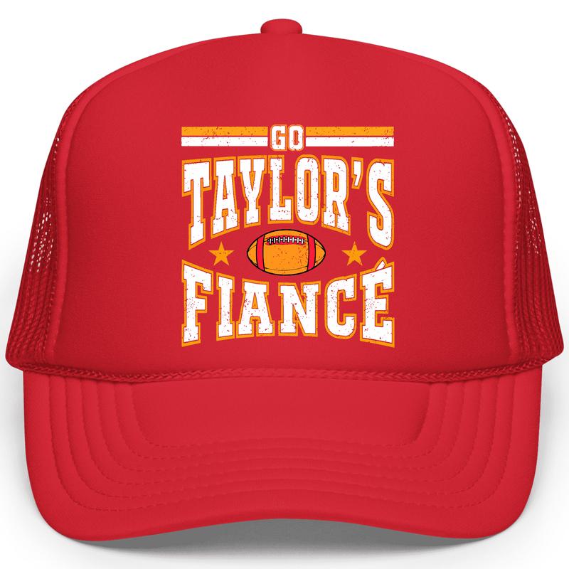 Go Taylor's Fiancé Football Season Trucker Hat - Kansas Football Red and Gold Cap - Funny Travis Fan Snapback for Women and Teens