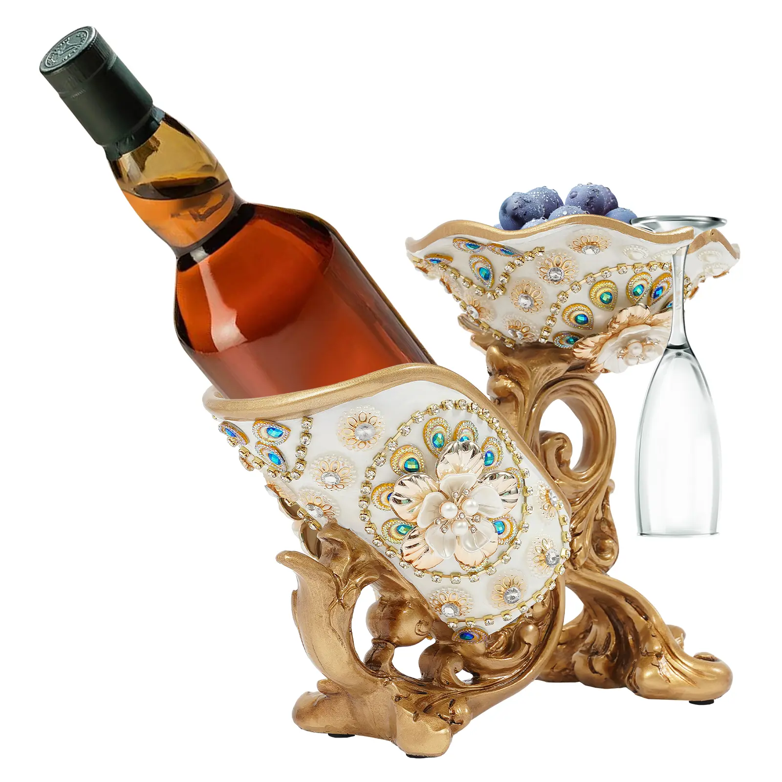 Golden Wine Bottle Rack - All-in-1 Countertop Bottle Organization Holder, Resin & ABS, No Assembly Required, Holds Wine Glasses, Snacks, Utensils, 11.4in L x 6.5in W x 8.66in H, 3.64lbs, Ideal for Cocktail Parties, Wedding Gifts (Above 25kg Capacity), Sto