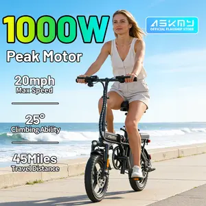ASKMY E14 Folding Electric Bike for Adults, 1000W Peak Motor, Up to 45 Miles Long Range | 14" Tubeless Tires, Dual Disc Brakes | UL Certified Removable Battery, 12-Month Warranty, Portable Urban Commuter