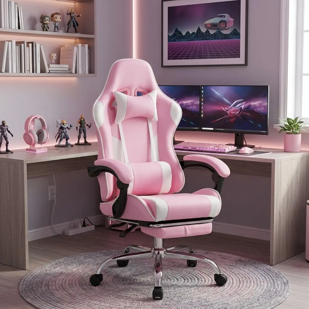 PU Leather Ergonomic Gaming Chair with Footrest, 360° Swivel Height Adjustable Computer Desk Chair, Recliner Chair with Headrest, Lumbar Support and Fixed Up Armrest for Adult Home Game Room