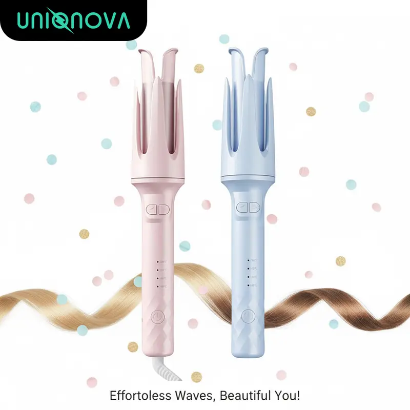 UNIQNOVA Hair Curler Instant Use Ceramic Curling Rotating Wand Corded Comfort Salon Beauty Blue Fast Pre-Heat Long-Lasting Curls Auto-Shutdown Safety Features