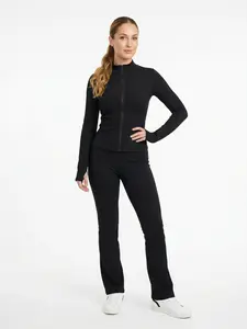 XELLE Women's Ribbed Yoga Jacket & Flare Leggings Set, Full Zip Long Sleeve Workout Top with Thumb Holes, High Waisted Slim Fit Activewear Tracksuit for Gym, Pilates & Casual Wear
