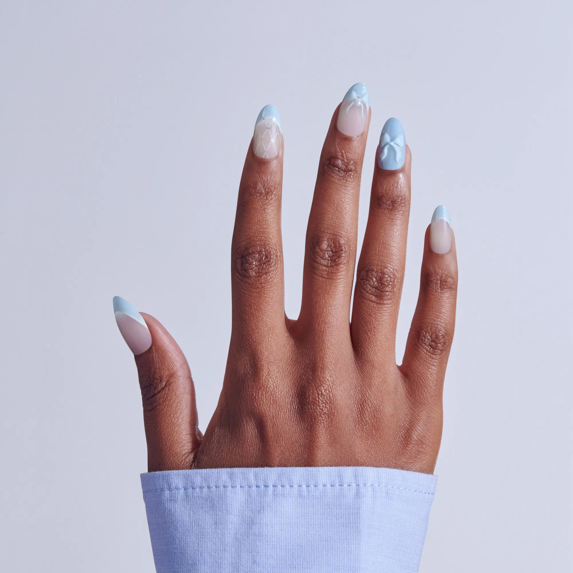 Kiss Nail Drip Press On Fake Glue Nails - Playful Drift | 3D & Jewel French Design, Blue, Medium, Almond