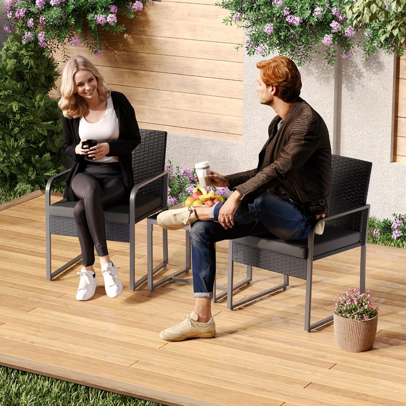 Gizoon 3 Pieces Patio Bistro Sets Outdoor Rattan Conversation with Glass Table Wicker Furniture Set with Cushion for Backyard Porch Poolside Lawn