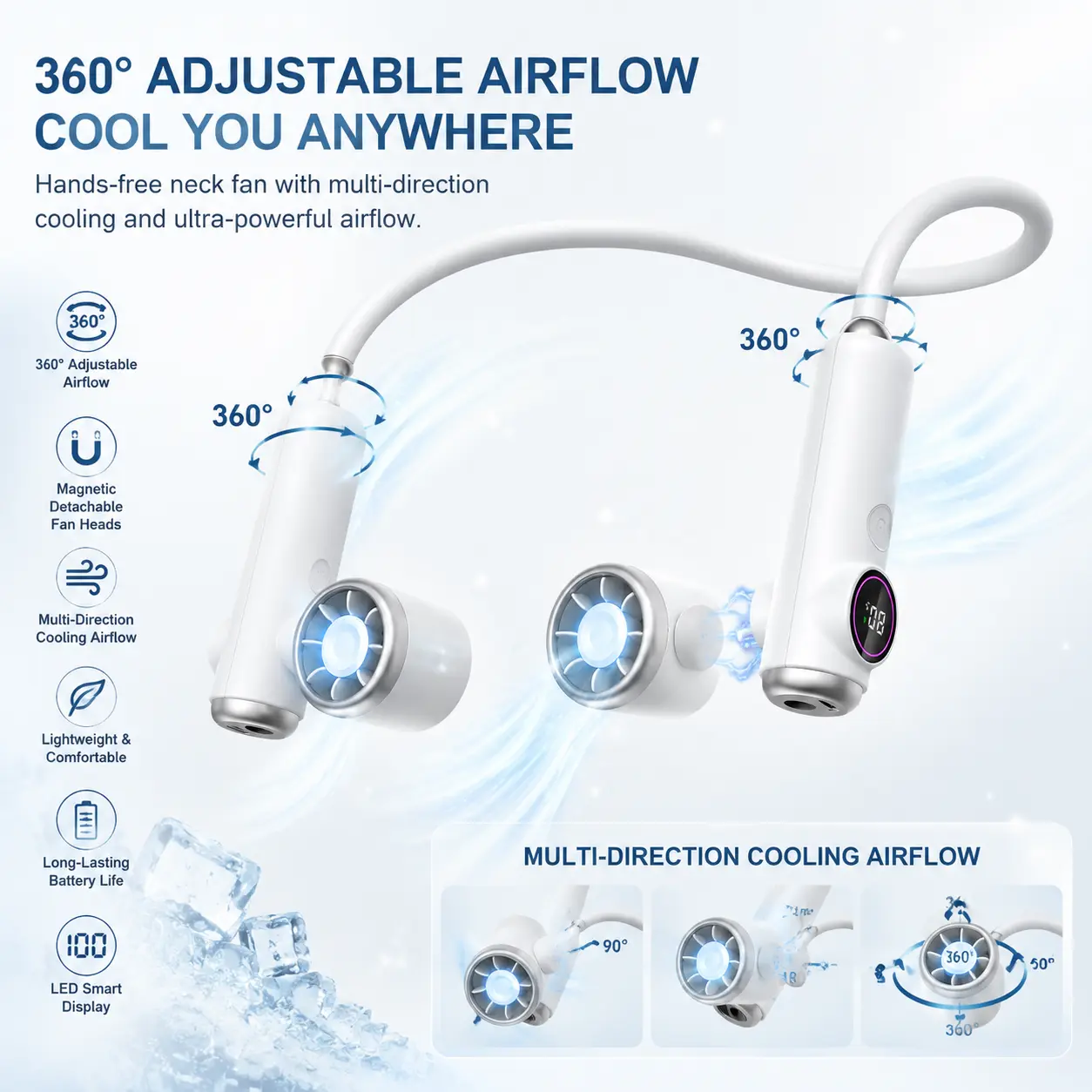 2026 New Turbo Smart Neck Fan with AI Chip, Magnetic Detachable Heads, 360° Adjustable Airflow, LED Reading Light, Hands-Free Portable Cooling for Summer Outdoor Use