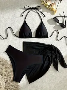 Women's Solid Bikini Set, Casual Fashion Chic Swimsuit Set, Ladies Swimwear for Beach Holiday Vacation, High Waisted Swimsuits