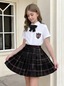 Girls' School Uniform Set, Plain Open Front Shirt & Plaid Pleated Skirt, Casual Fitted Design, All-Season Wear
