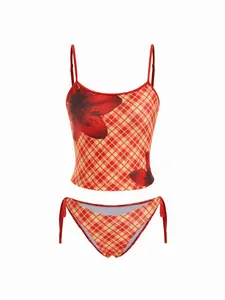 Cider U-neckline Floral Contrasting Binding Tankini Tie Side Bikini Set