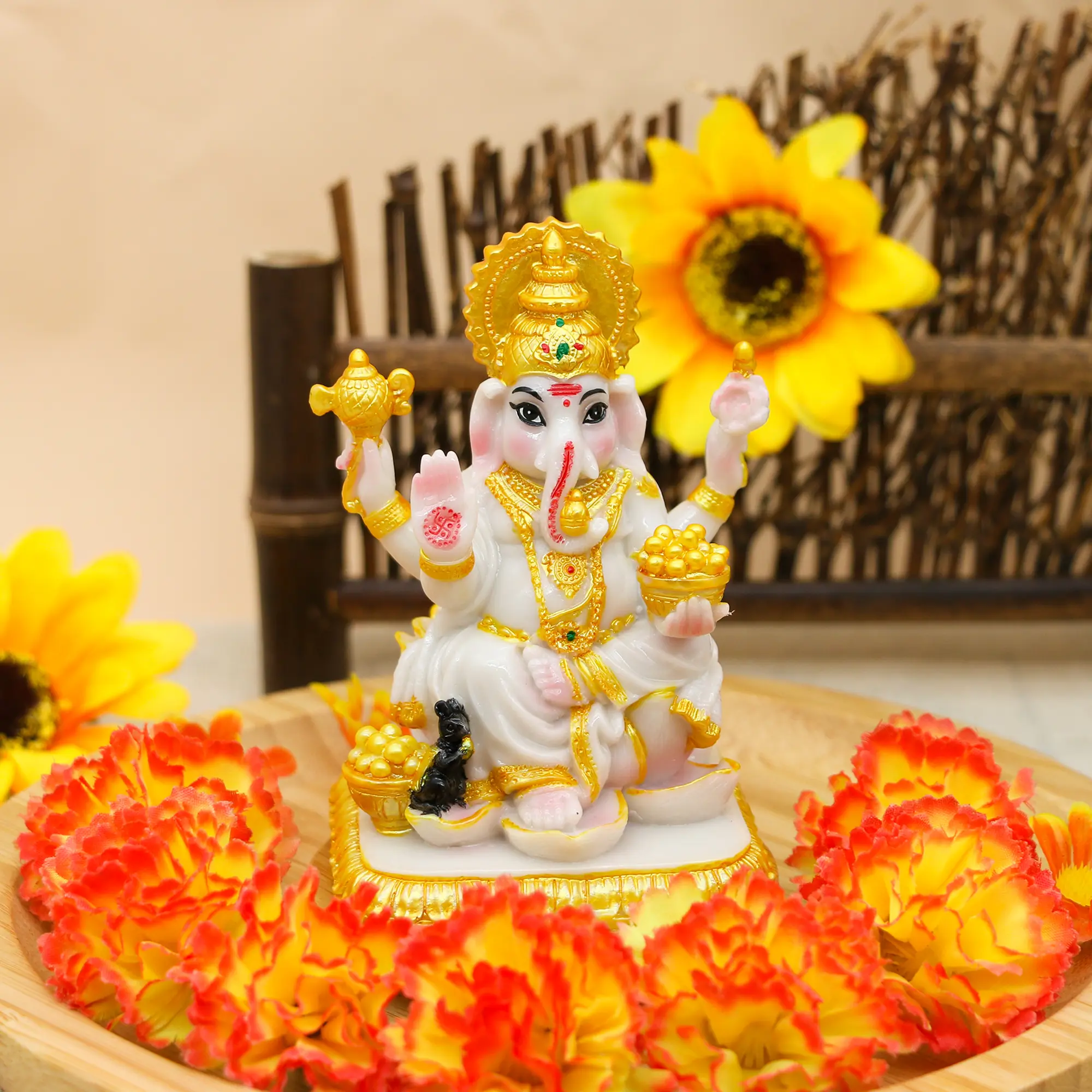 alikiki Indian Idol Lord Ganesh Statue - 4.1”H Marble Color Hindu God Ganesha for Car Decor Ganpati Sculpture India Temple Mandir Home Office Altar Pooja Item Wedding Diwali Puja Return Gifts