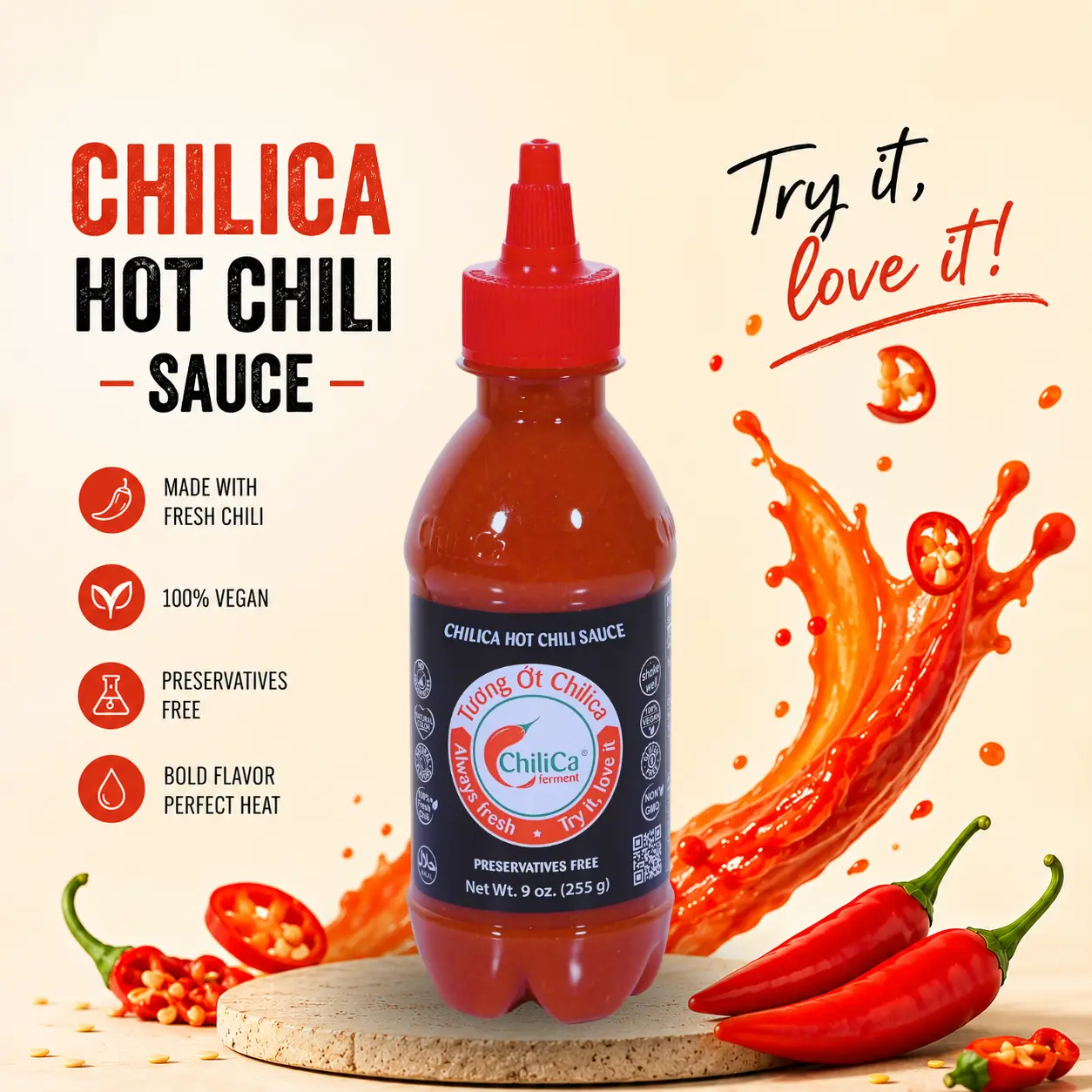 Natural ChiliCa Hot Chili Sauce - 12 months Fermented Bird's Eye Chili - No Preservatives - Vegan, Non-GMO, Gluten Free - Sriracha Sauce - 9oz