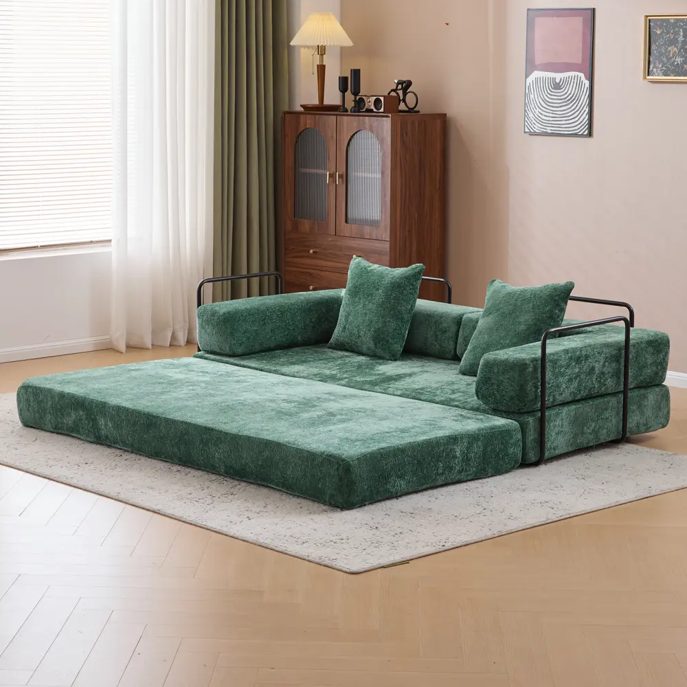 Modern Convertible Chenille Floor Couch - Pre-Assembled Compression Sofa Bed with Pillow Back Support, Armrest, 74.58 lbs, 76.77x37.40x23.62 Inches, Comfy Futon Lounge Sleeper for Friends, Family (Living Room, Bedroom, Dark Green)