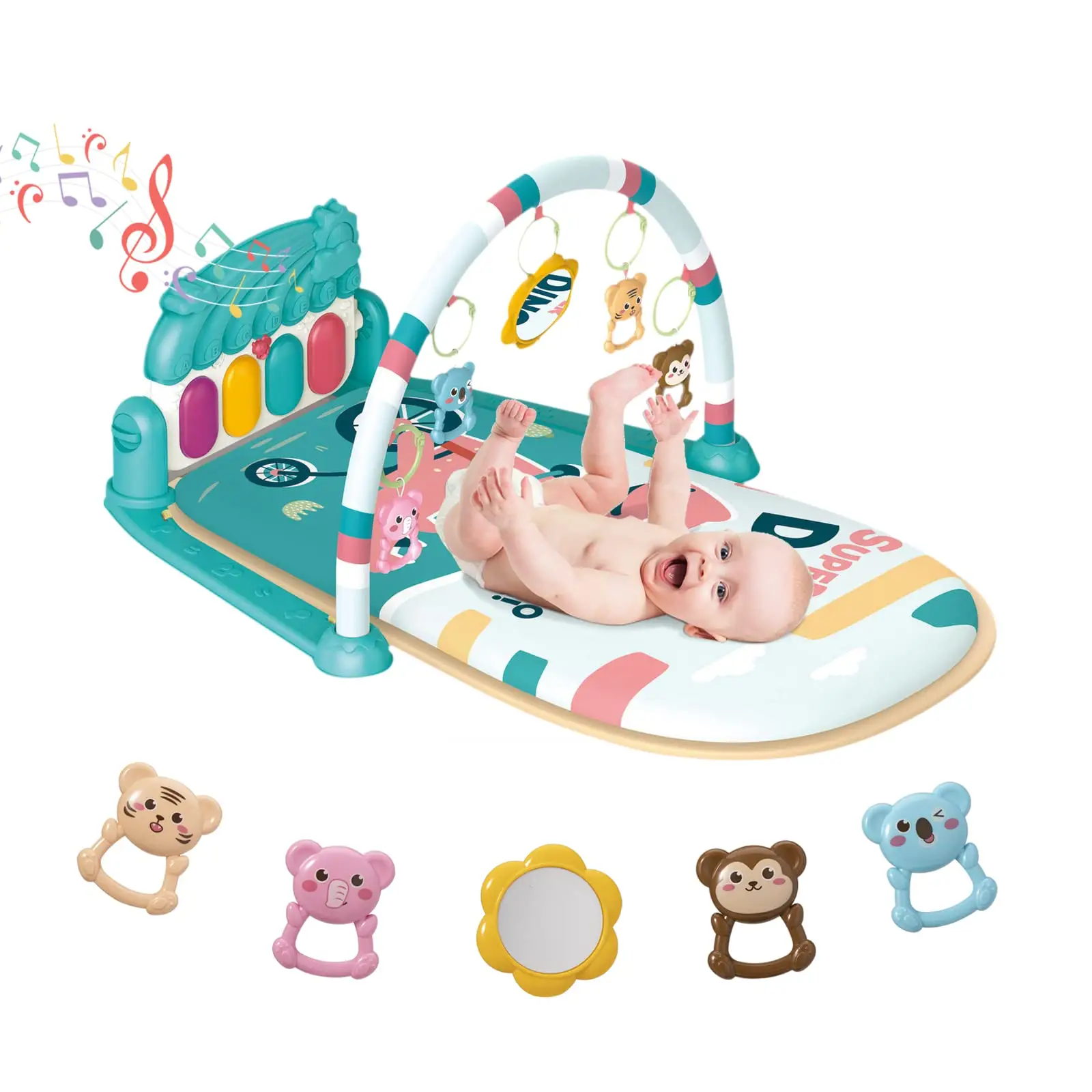 Baby Play Mat Baby Gym, Piano Tummy Time Baby Activity Gym Mat with 5 Infant Learning Sensory Baby Toys, Music and Lights Boy & Girl Gifts for Newborn