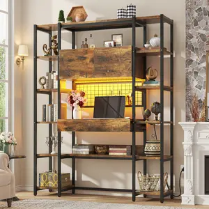 71.1" Tall Rustic 5-Tier Bookshelf-Home Office Desk Combo with RGB Lights, Power Outlet, Drawer, 2-Door Cabinet, 12 Shelves & Ample Storage Home Organizer