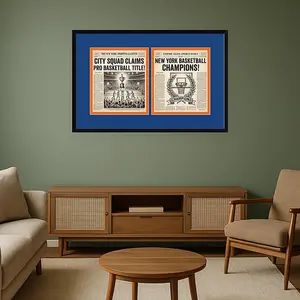 New York Post Frame, Holds Two Papers Side by Side, Black Wood, Blue & Orange Mat