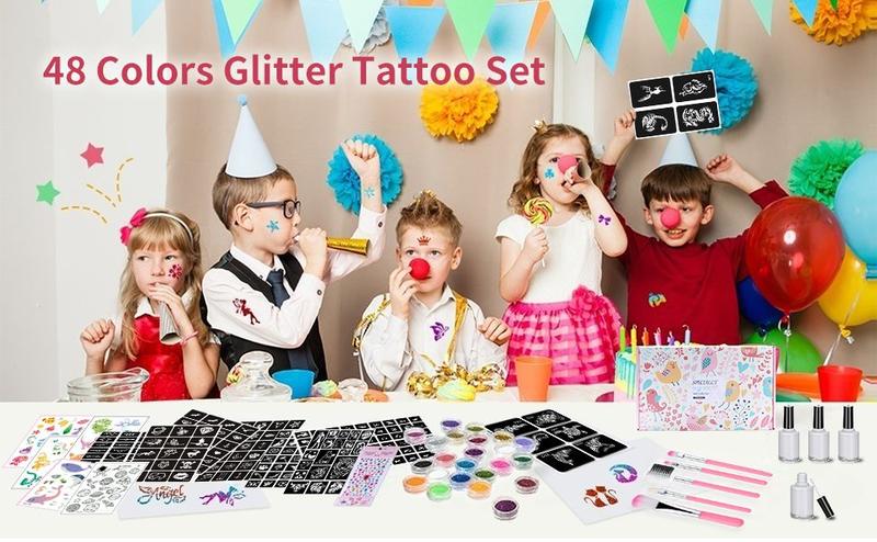 Temporary Glitter Tattoo Kit for Kids & Adults, 42 Glitter & 6 Fluorescent Color, 209 Stencils, 4 Glue, 5 Brushes, 1 Diamond Sticker, Safe & Easy Removal Face Body Art Birthday Party Supplies