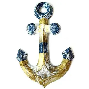 15" Blue and White Hand Carved Wood Ship Anchor Nautical Wall Decor