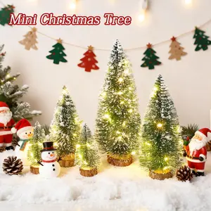 5 Pcs Mini Christmas Tree with Lights, Small Table Top Decorations, Desktop Miniature Pine Tree Xmas Holiday Decor Indoor Home, Bottle Brush Trees with Wooden Base