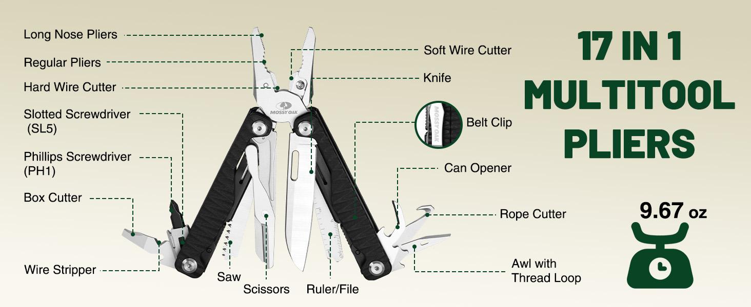 #backtoschool MOSSY OAK Multitool, 17-in-1 EDC Multi Tool with CNC-Machined Steel Pliers, G10 Anti-Slip Handle, Nylon Sheath & Belt Clip – Durable MultiTool for Camping, Hiking, Hunting, Survival, and Everyday Use