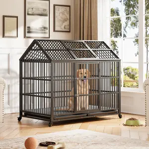 48/52 Inch Heavy Duty Metal Dog Crate, Large Kennel with Dual Feeding Doors & Wheels, Removable Tray Pet Cage for Small, Medium & Large Dogs
