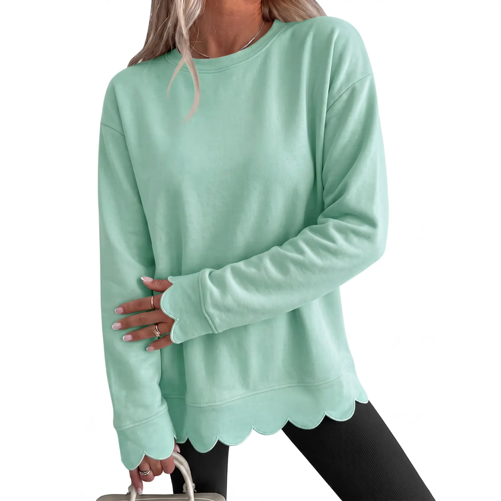Fisoew Women's Light Vintage Heather Crew Neck Oversized Tunic Sweatshirt - Long Sleeve, Wavy Scallop Hem & Cuff, Loose Essential Everyday Fall Layering Pullover Top, Feminine