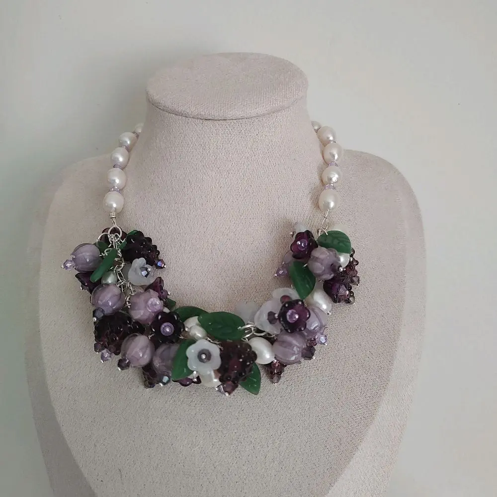 Raspberry Clustered Collar Necklace with Purple Floral Design and Pearl Accents