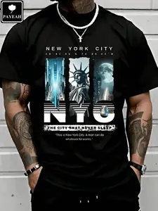 PAYEAH New York Sky Freedom Pattern Print T-Shirt, 100% Cotton Heavyweight T-Shirt, Men's Casual Cotton Short-Sleeve T-Shirt – Men's Summer Basic T-Shirt