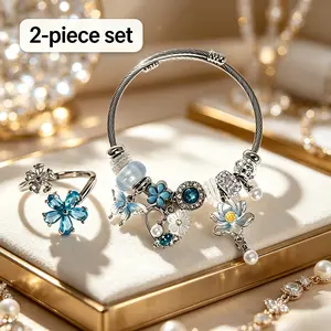 Women's 2-Piece Adjustable Stainless Steel Charm Jewelry Set - Open Bangle Bracelet & Ring with Butterfly, Heart Beads, Casual Everyday Gift for Valentine's, Birthday