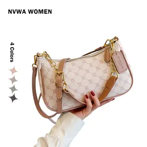 Women's PU Leather Crescent Shoulder Bag Sling with Print Letter Pattern Compact Underarm Purse for Daily Use