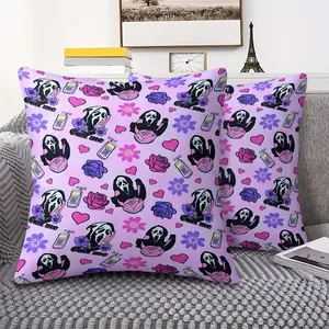 Cute Pastel Goth Ghostface Killer Throw Pillow with Digital Print, Soft Light Pink Background, Features Vintage Phones & Floral Accents, Perfect for Horror Fans, Cozy Decorative Cushion for Sofa & Bedroom. Includes Pillow Insert