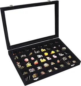 Tray 48 Compartments  Display Organizer with Transparent Cover Rings, Earrings, Necklaces, Pendants Storage Box for Girls, Wives, Mothers, Women