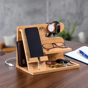 Wood Phone Docking Station - Nightstand Organizer Key Holder Gifts for Men Wooden Organizer - Wallet Stand Anniversary Birthday Gifts for Dad Husband Bamboo Universal Docking Station