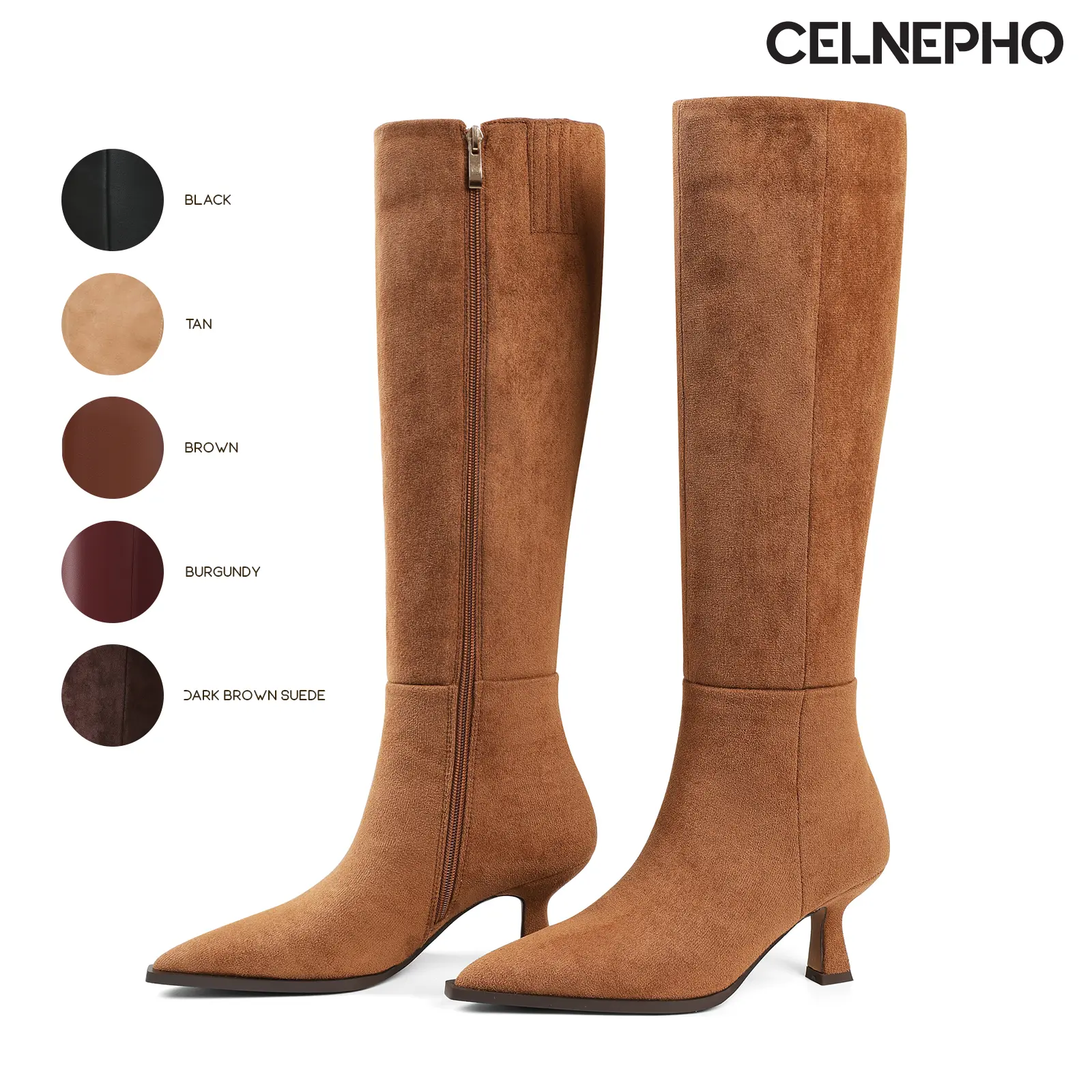 CELNEPHO Womens Knee High Boots Suede Boot Pointed Toe Kitten Heel Side Zipper Closure Comfy Easy Pull on Party Wedding Everyday Wear Work Casual Gifts Date Travelling Outdoor Nightclub Music Festival Fall Fashion Long Tall Trendy Dress Shoes