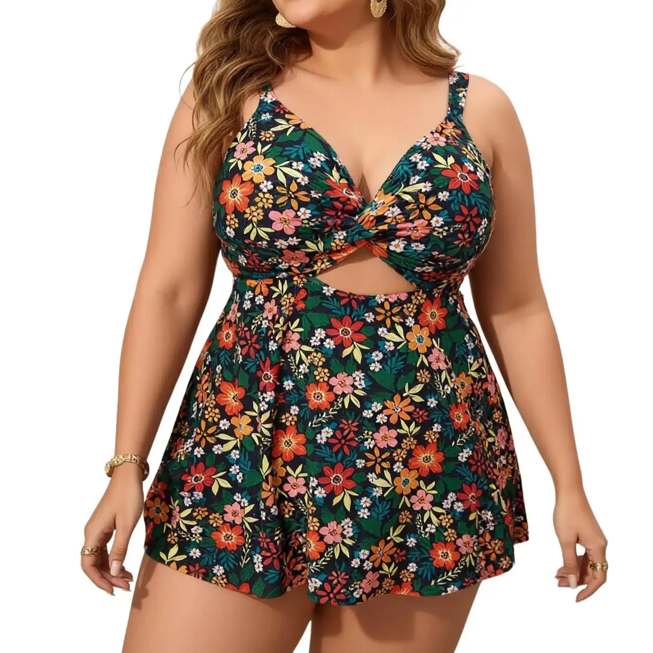 Plus Size Skirted One Piece Swimsuit, V Neck Twist Cutout Floral Tummy Control Swim Dress for Beach Vacation