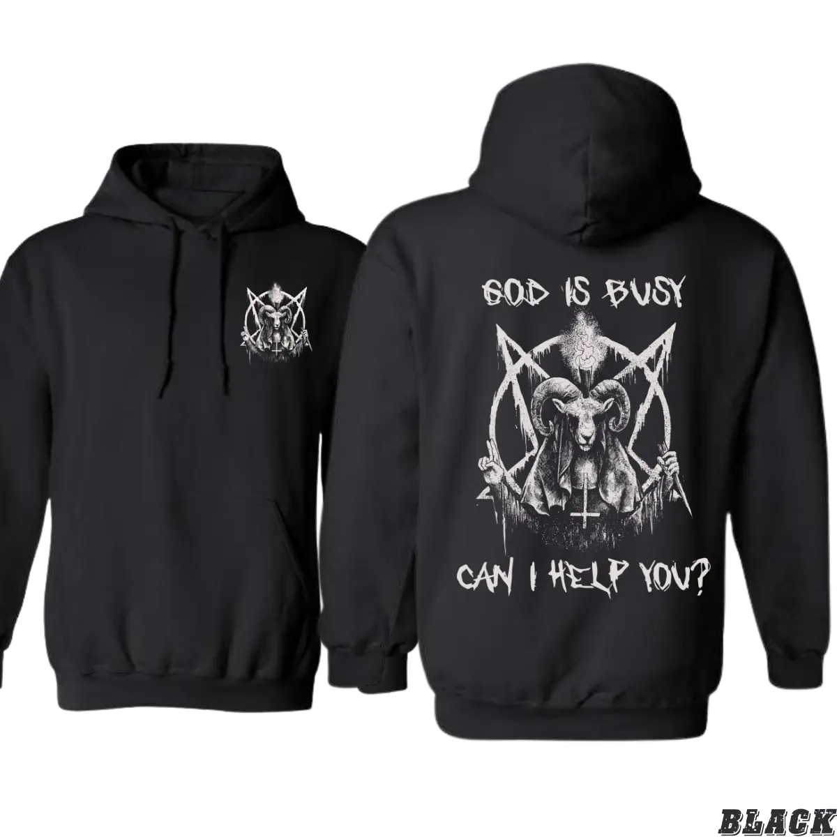Men's Satanic Goat Skull Hoodie, Soft Cotton-Blend Gothic Streetwear Pullover with "God Is Busy" Slogan, Long Sleeve Top, Tops, Menswear, Classic, Plain, Casual, Sweatshirts, Fabric, Spandex, Prints, Stretchy, Longsleeves