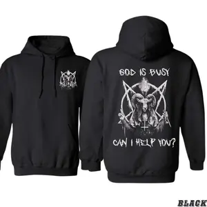[graphic hoodies]Dark Satanic Hoodie – "God Is Busy, Can I Help You?" Evil Goat Skull Design – Bold Alternative Hoodie for Rock Metal and Gothic Fans