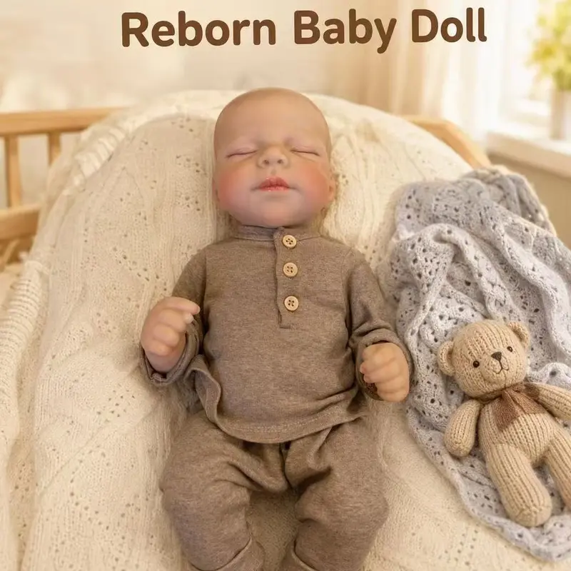 19 Inch Full Body Vinyl Reborn Baby Boy Doll, Sleeping Closed Eyes, Hand Painted Skin, Washable Newborn Doll with Khaki Outfit, Adult Empty Nest Companion Gift