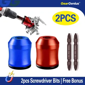 2PCS Strong Magnetic Screw Ring（ Free 2pcs Screwdriver Bits）,1/4 Inch/ 6.35 mm Universal Magnetic Screw Ring Bit for Hex Screwdriver and Power Bits Screwring Powerbits，2026 Upgrade Screwdriver Head Magnetic Ring Screw Holder with Anti-Slip (Red+Yellow)