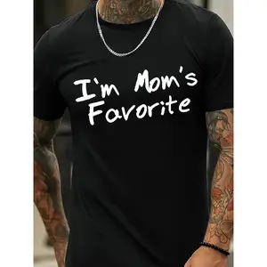 I'm Mom's Favorite T-Shirt - Stylish Black Tee with White Text, Perfect for Casual Outings, Features Unique Tattoo Inspiration, Great for Summer Wear, Available in Plus Sizes - Ideal Gift for Dads, Moms, Family, and Friends.