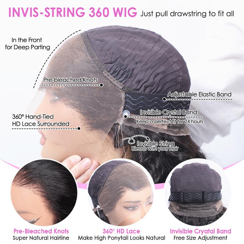 Cynosure 220 Density Water Wave 360 Lace Front Wig Human Hair Pre Plucked Pre Bleached Hidden Strap 360 HD Lace Frontal Wig Affordable Human Hair Wigs For Women