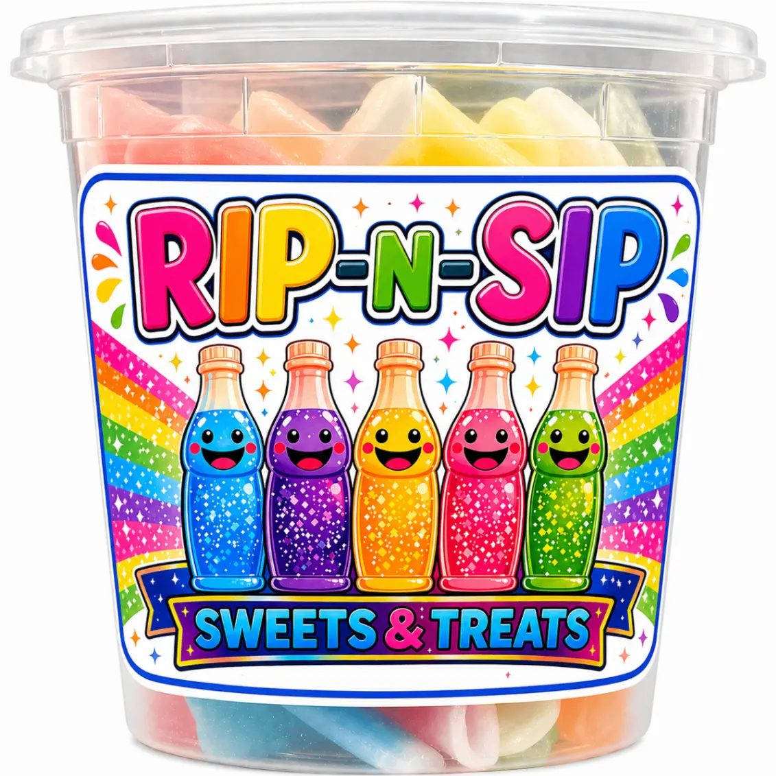 Rip-n-Sip Sweets & Treats - Colorful Assorted Gummy Bottles in Fun Rainbow Packaging for Kids
