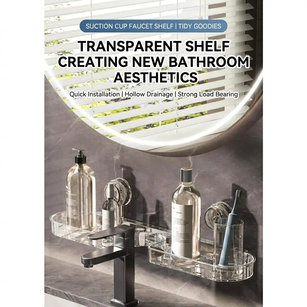 Bathroom Cosmetic Organizer Rack, Wide Suction Cup Bathroom Shelf with Hooks, No Drilling Faucet Mount, Space-Saving Storage Solution, Bathroom Accessories