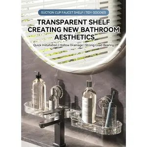Bathroom Cosmetic Organizer Rack, Wide Suction Cup Bathroom Shelf with Hooks, No Drilling Faucet Mount, Space-Saving Storage Solution, Bathroom Accessories