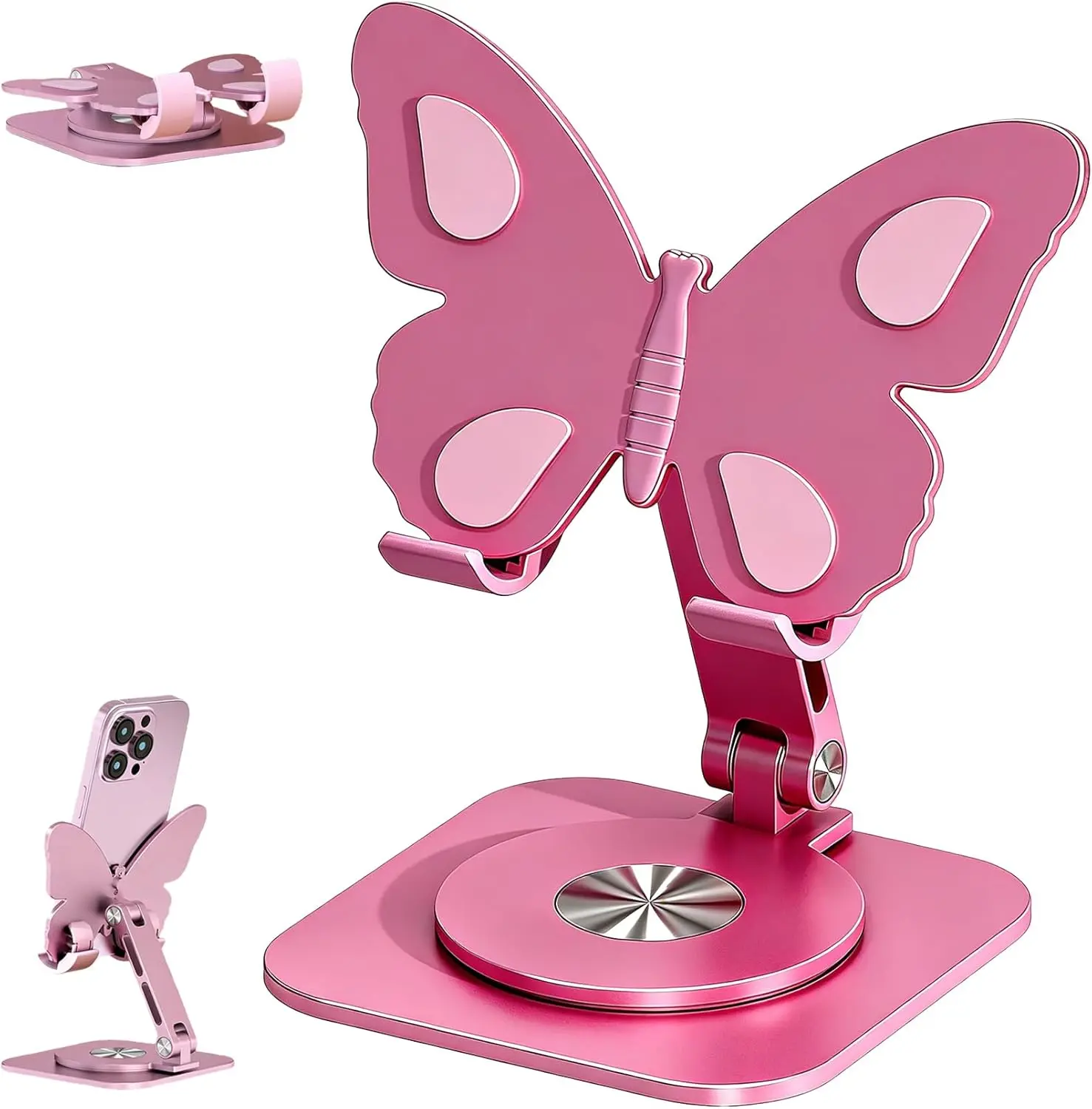 Butterfly Phone Stand for Desk, 360° Rotating Cell Phone Holder, Height & Angle Adjustable Aluminum Desktop Phone Stand, Foldable Portable Phone Holder Compatible with Smartphones and Tablets, Sturdy Alloy Support with Slim Foldable Frame,