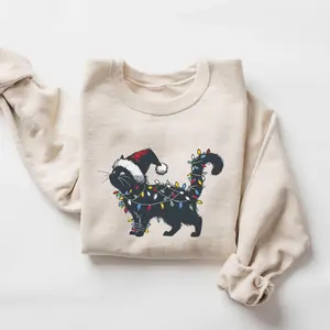 Black Retro Cat Christmas Sweatshirt, Funny Cat Lover Sweatshirt, Holiday Cat T-Shirt Hoodie, Santa Hat Xmas Lights Pullover, Cute Cat Mom Gift