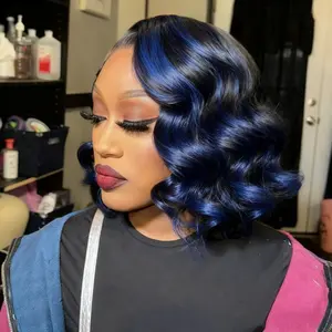Highlights Dark Blue Colored with Natural Black Bob Human Hair Wig 13x4 Lace Frontal Body Wave Human Hair Wig for Women 180 Density