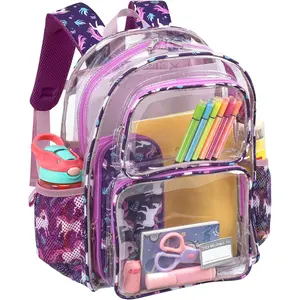 F-CPB40 Clear Backpack for Girls - 15 Inch Clear Bookbag for Kids Aged 3 to 8 Heavy Duty Transparent Backpack for School, Cute See Through Bag with Reflective Strip, Deep Purple Unicorn