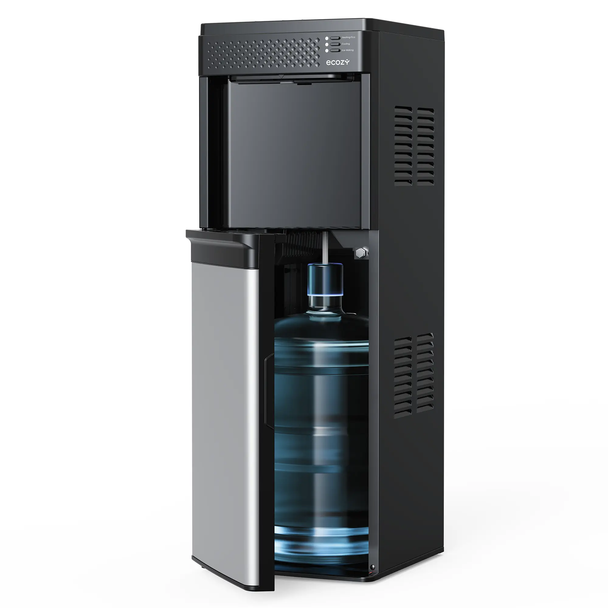 ecozy 4-in-1 Bottom-Loading Water Dispenser with Ice Maker, ECO Mode | Hot & Cold Water Cooler, 33 lbs/Day, Child Lock, Night Light, Fits 3 & 5 Gallon Bottles for Home, Office - Stainless Steel