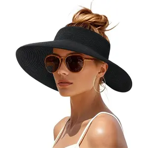 Womens Sun Visor Hats Wide Brim Straw Beach Hat UV Protection Ponytail Packable Beach Vacation Essentials