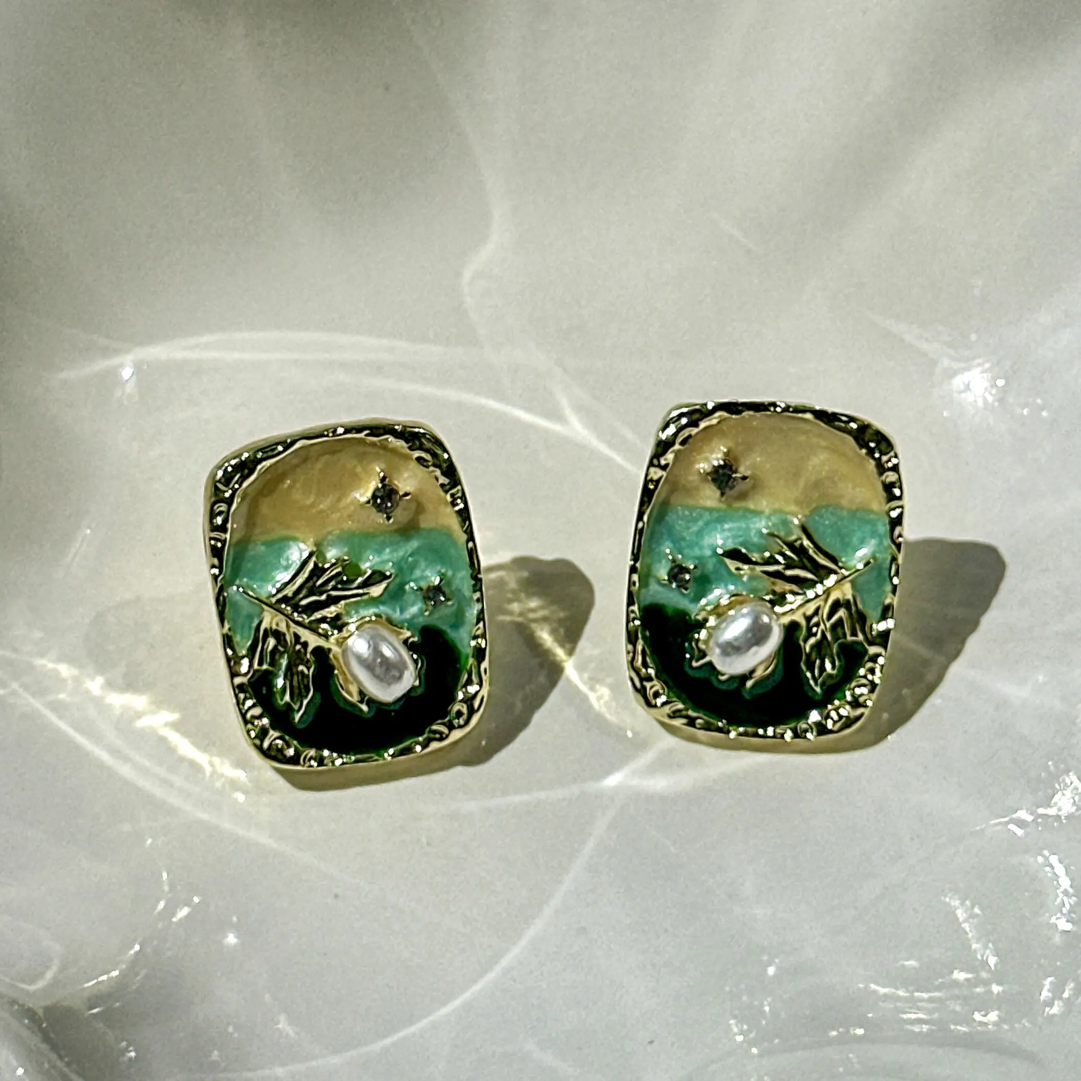 Vintage Landscape Art Stud Earrings | Nature Inspired Enamel Earrings | Cottagecore Jewelry | Wearable Art Earrings