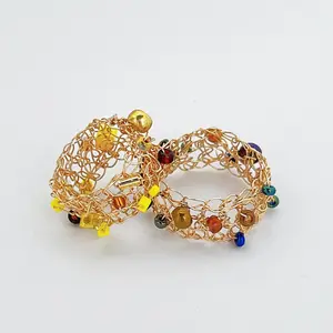 Handwoven metal wire beaded ring set for men and women, original design; copper wire hand-crocheted metal-style rings—ideal birthday gifts and souvenirs; niche, unique jewelry gift.